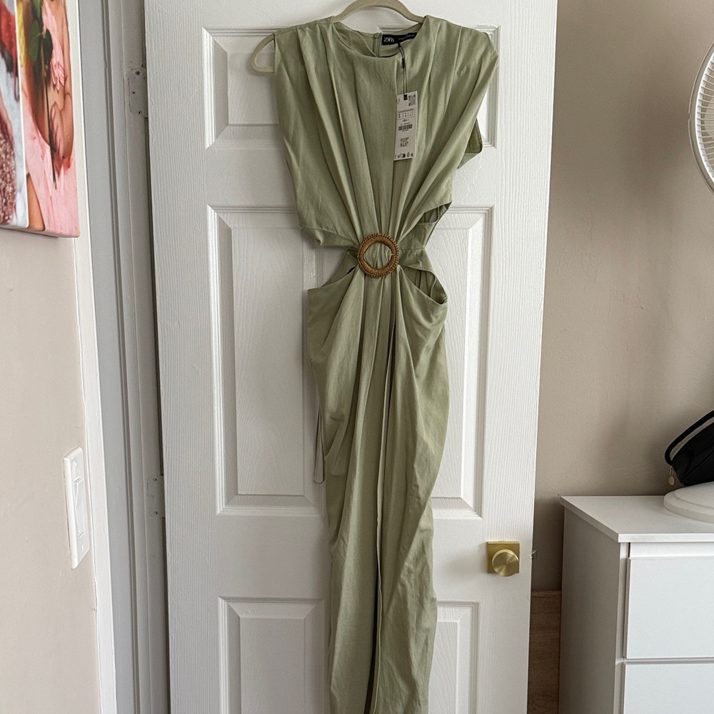 New Zara Sage Green Maxi Dress with Ring Detail